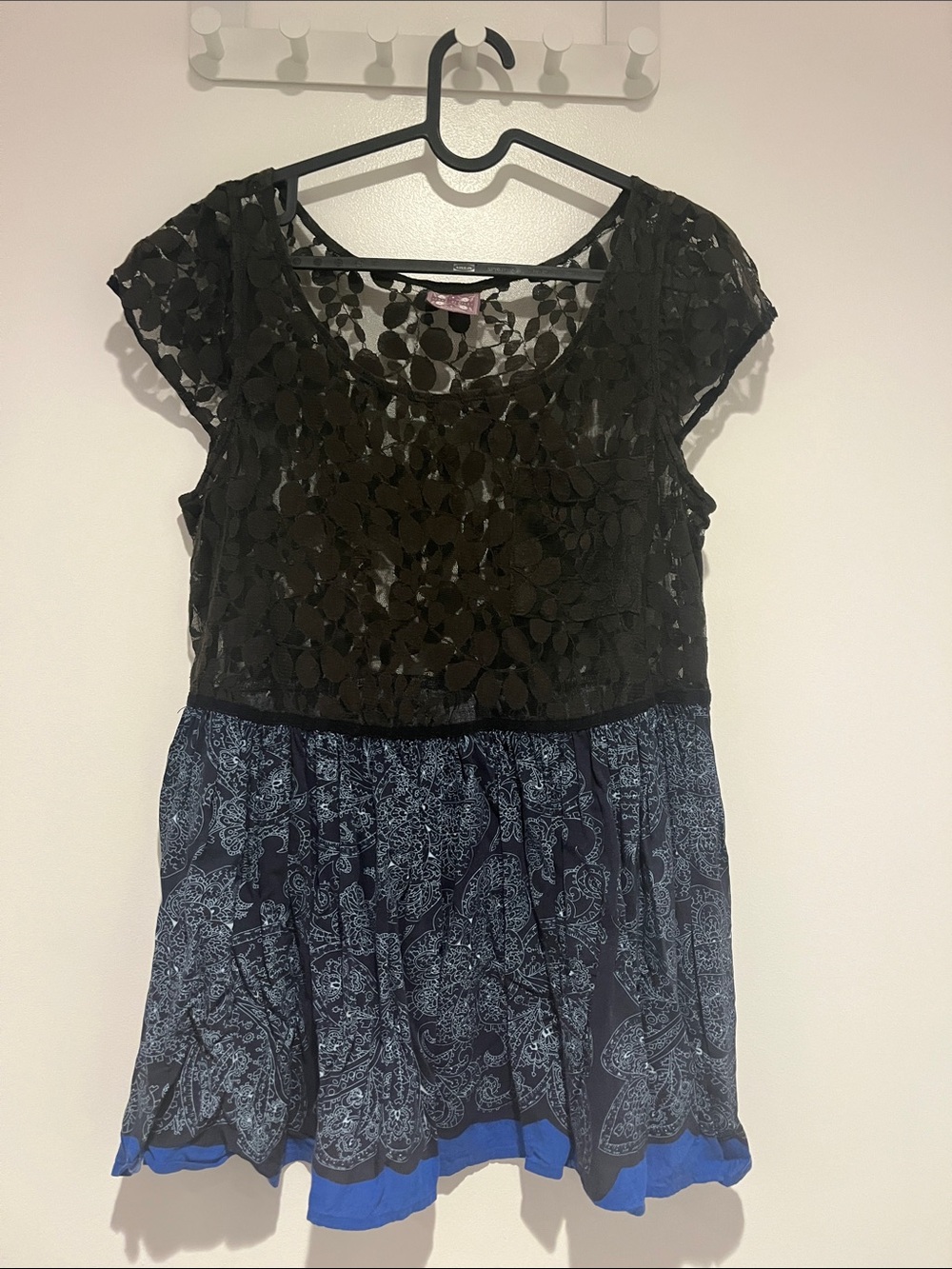 Free People Sheer Black Lace Bodice Navy Paisley Peplum Top with Blue Trim